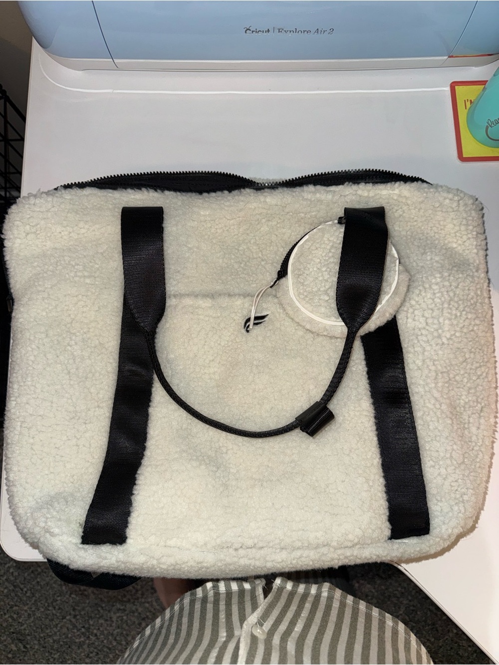 Fabletics Cozy Cream Sherpa Tote with Black Straps